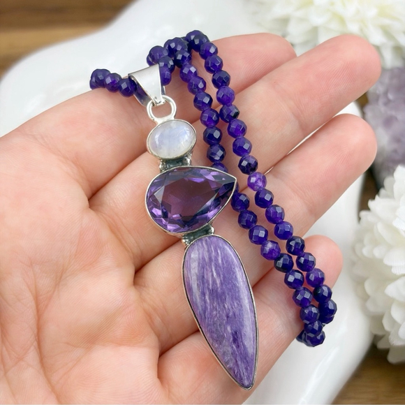 Amethyst Moonstone Charoite Pendant Necklace Southwest Boho Vintage New 925 - Picture 2 of 10